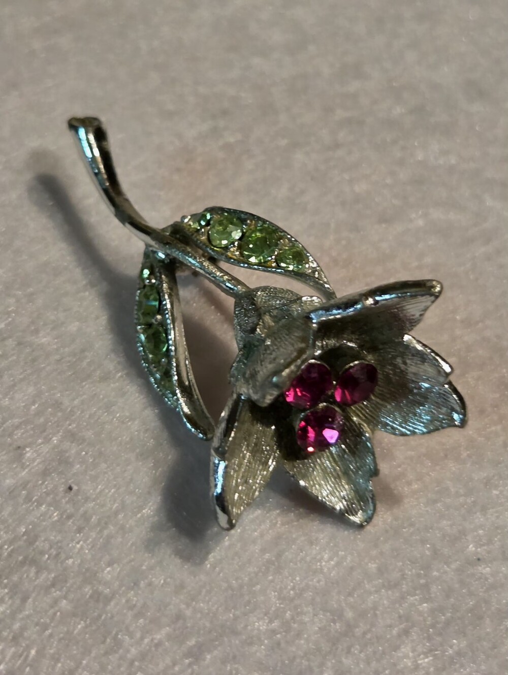 Floral Pink and Green Crystal Brooch / Pin